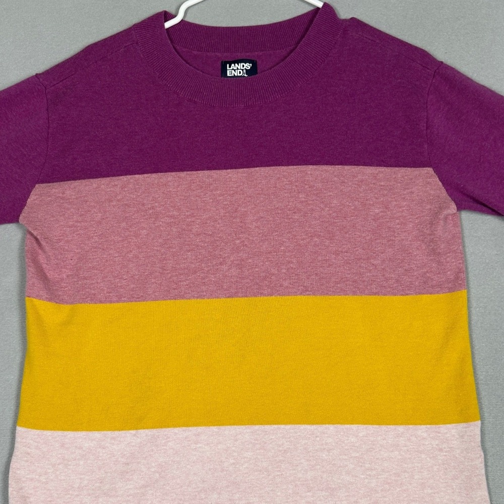 Lands End Sweater Womens Medium Striped Purple Pink Yellow Long Sleeve Pullover
